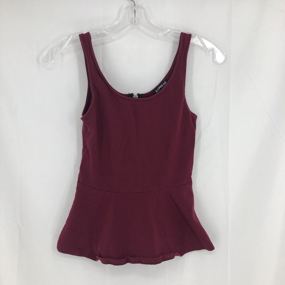 Express Maroon Solid Sleeveless Zip Back Peplum Tank Top Women XS